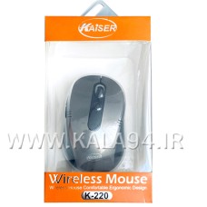 موس بی سیم KAISER K-220 / دارای 6 کلید + DPI / وایرلس 2.4Ghz / برد 10 متر / باطری کم مصرف / کلیک نرم با دقت و مقاومت بالا در ضرب مداوم / سازگاری با سیستم عامل Windows و Linux و MAC / تک پک طلقی ویترینی